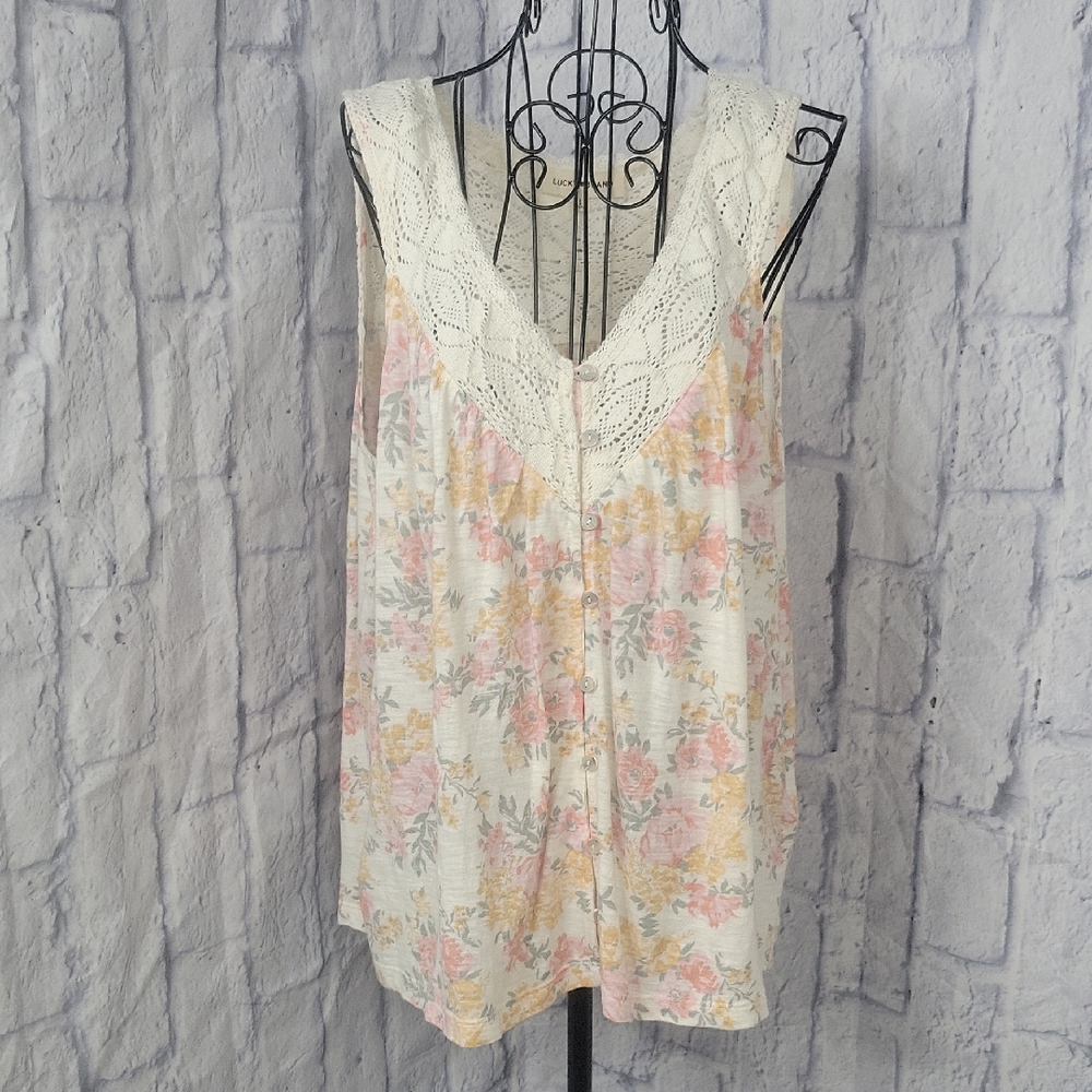 Lucky Brand Floral Tank Top Crochet Lace Boho Sleeveless‎ Blouse Large